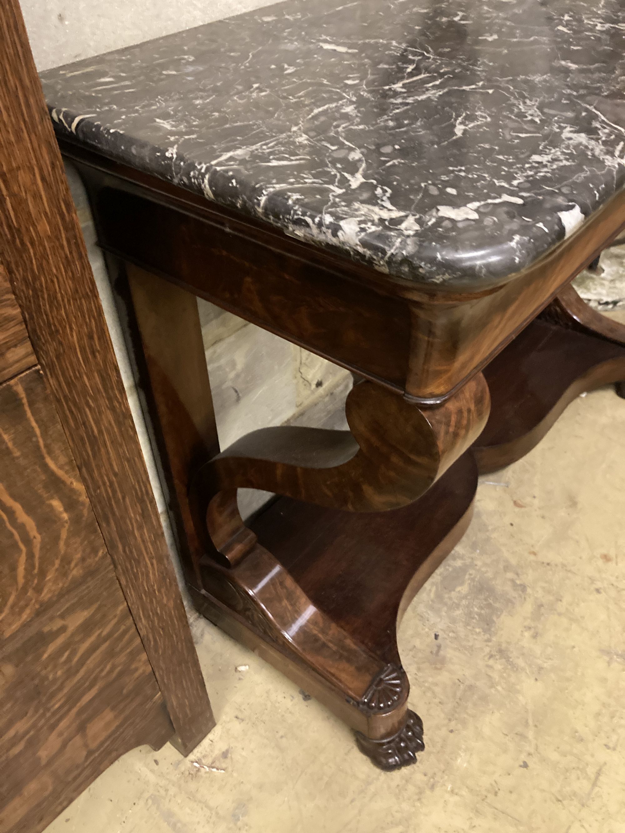 A 19th century French marble top mahogany console table, width 115cm, depth 44cm, height 81cm